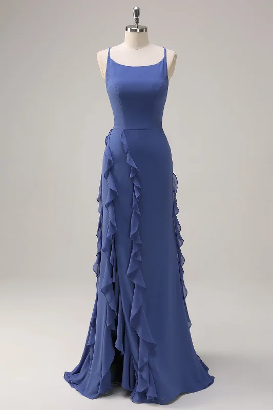 Contemporary Dresses for Fashion -Dark Blue Bodycon Spaghetti Straps Long Bridesmaid Dress with Ruffles Slit