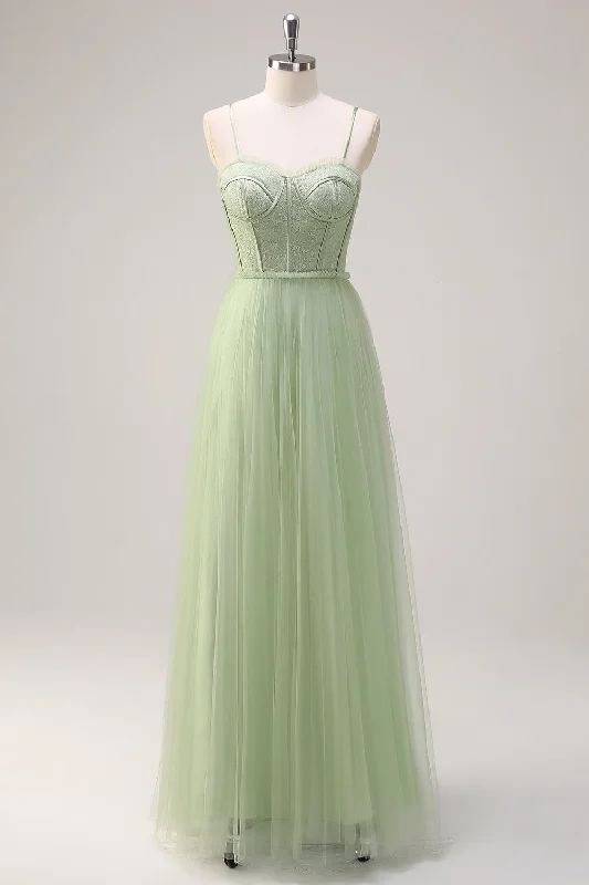 Studded Dresses for Statement -Sage A Line Spaghetti Straps Corset Long Tulle Bridesmaid Dress