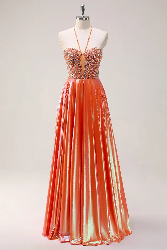 Casual Dresses for Everyday -Sparkly Orange A-Line Halter Metallic Long Prom Dress with Beading