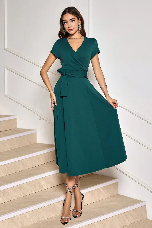 Maximalist Dresses for Bling -Dark Green A-Line Short Sleeves Mother of Bride Dress with Belt