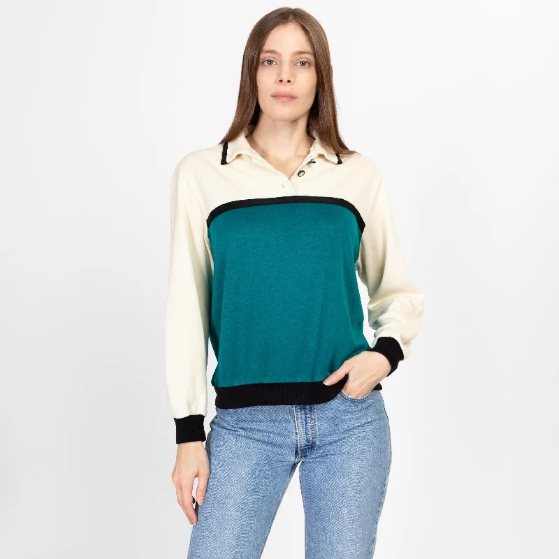 Double Blouses for Layered -Medium 80s Color Block Collared Sweatshirt Top