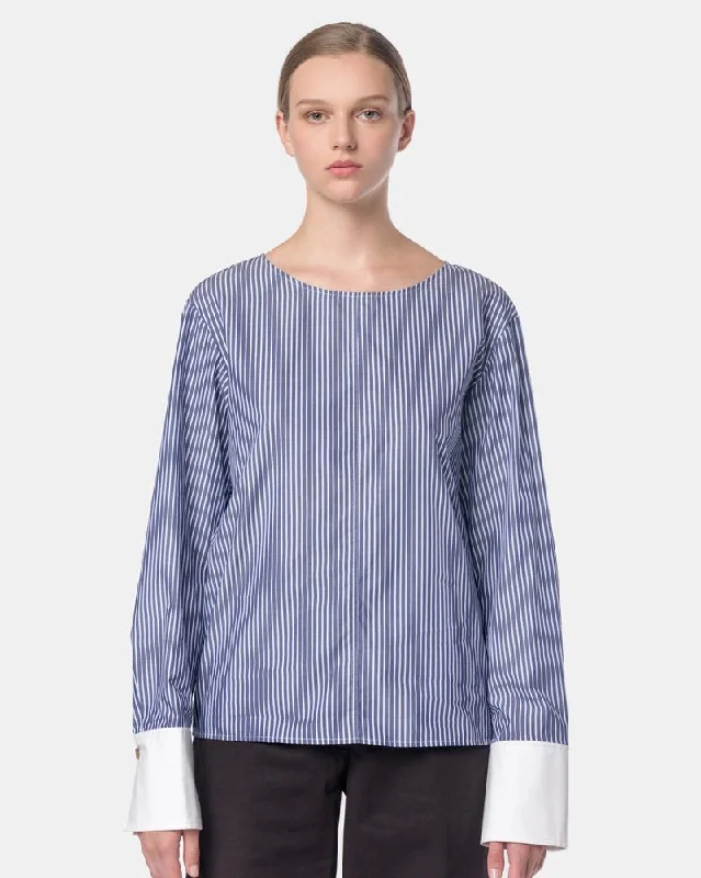 Push Back Blouses for Convenience -Avery Shirt in Blue Stripe