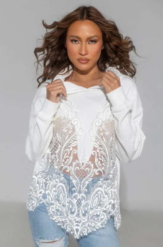 Tall Blouses for Long Body -TOP NOTCH BITCH RHINESTONE LACE INSERT SWEATSHIRT WHITE