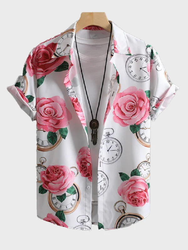 Retro Blouses for Throwback -Rose Clock Print Men's Summer Shirt