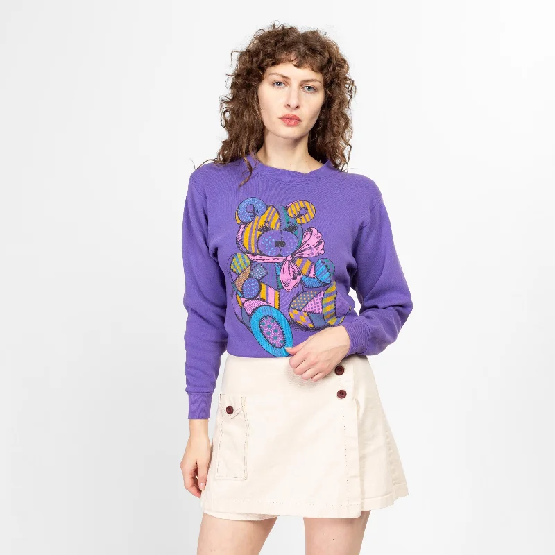 Chiffon Blouses for Feminine -Small 90s Purple Patchwork Teddy Bear Sweatshirt