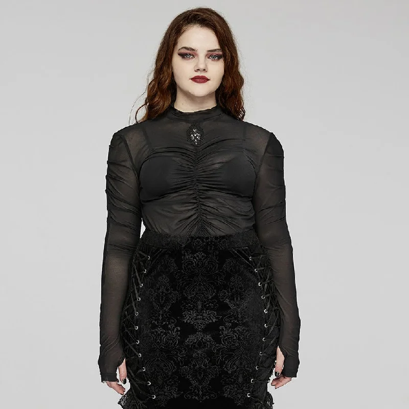 Checkered Shirts for Trend -Women's Plus Size Gothic Floral Embroidered Pleated Mesh Shirt