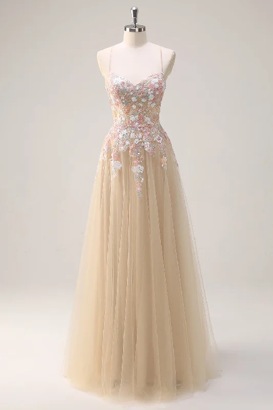 Flared Dresses for Retro -Sparkly Tulle Champagne A-Line Floral Sequin Prom Dress with Appliques