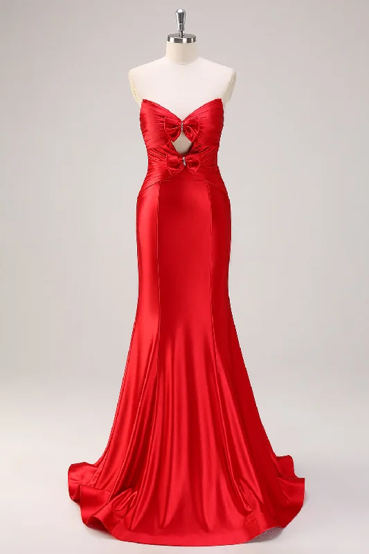 Khaki Dresses for Casual -Red Mermaid Strapless Cut Out Ruched Long Prom Dress with Bows