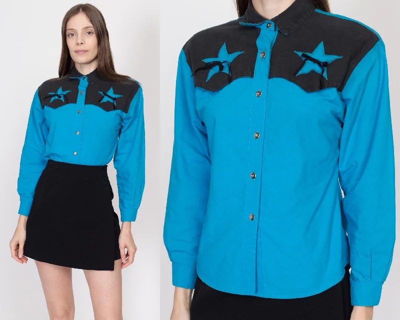 Embroidered Blouses for Detail -Sm-Med 80s Blue & Black Star Yoke Western Shirt