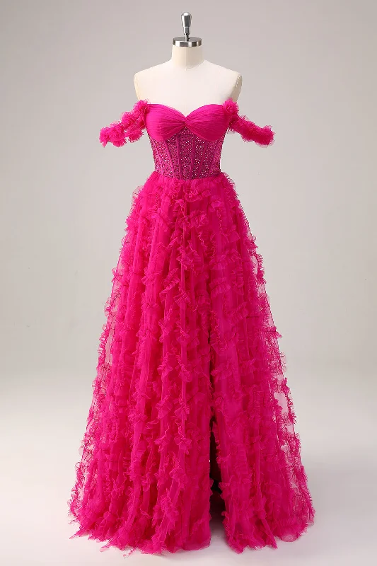 Long-sleeved Dresses for Coverage -Fuchsia A-Line Tiered Off the Shoulder Long Corset Prom Dress with Beading