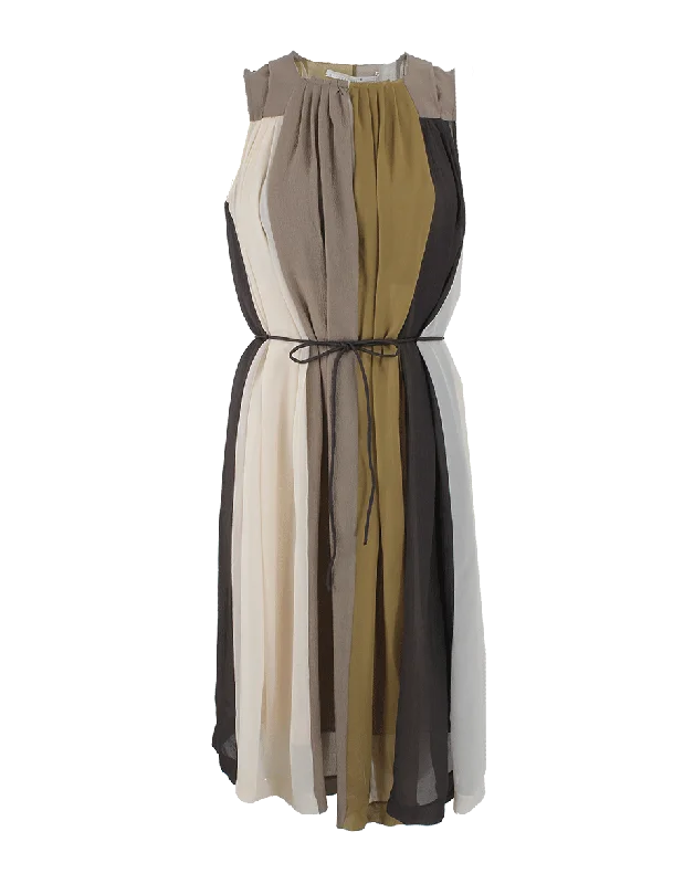 Sleeveless Dresses for Coolness -Sleeveless Pleat Belted Dress with Slip