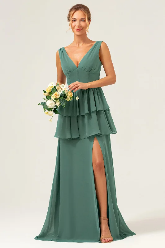 Belted Dresses for Shaping -Eucalyptus A Line V Neck Corset Tiered Long Bridesmaid Dress with Slit