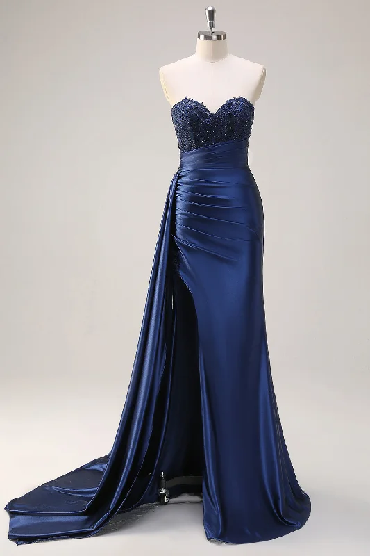 Formal Dresses for Occasions -Navy Blue Mermaid Strapless Side Streamer Ruched Corset Long Prom Dress With Slit