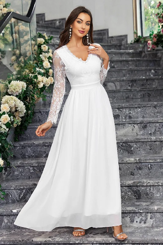 Strapless Dresses for Glamorous -A-Line Long Sleeves V Neck Long White Dress