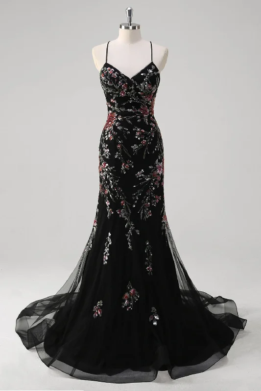 Hippie Dresses with Beads -Black Mermaid Spaghetti Straps Appliqued Long Prom Dress With  Sequins