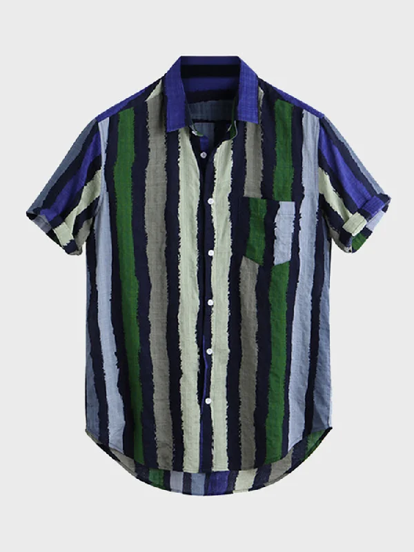 Resort Blouses for Holiday -Retro Striped Men's Short Shirt