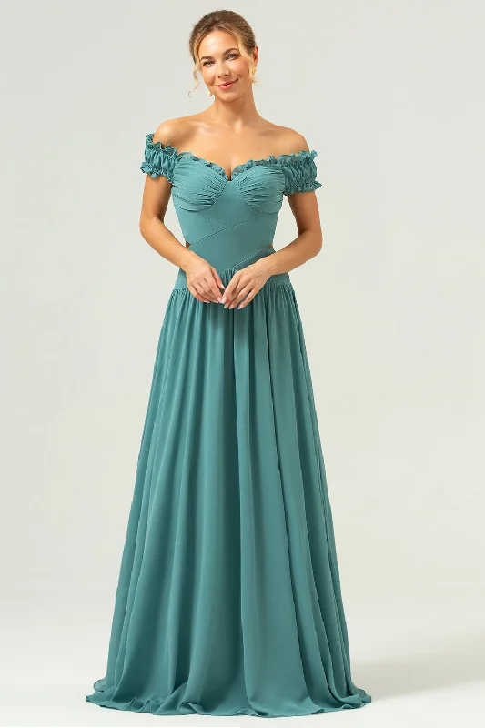 Mini Dresses for Youthful Look -A-Line Off The Shoulder Pleated Chiffon Green Long Bridesmaid Dress