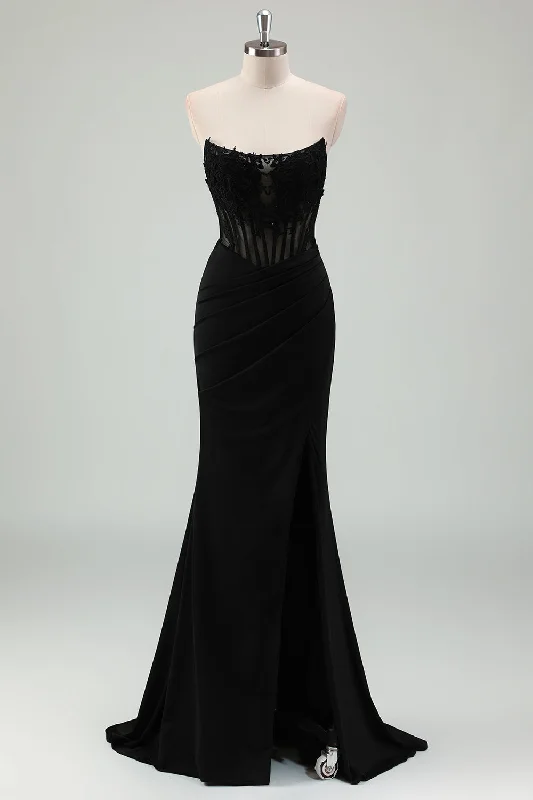 Long-sleeved Dresses for Coverage -Sparkly Black Mermaid Strapless Corset Appliqued Long Prom Dress with Slit