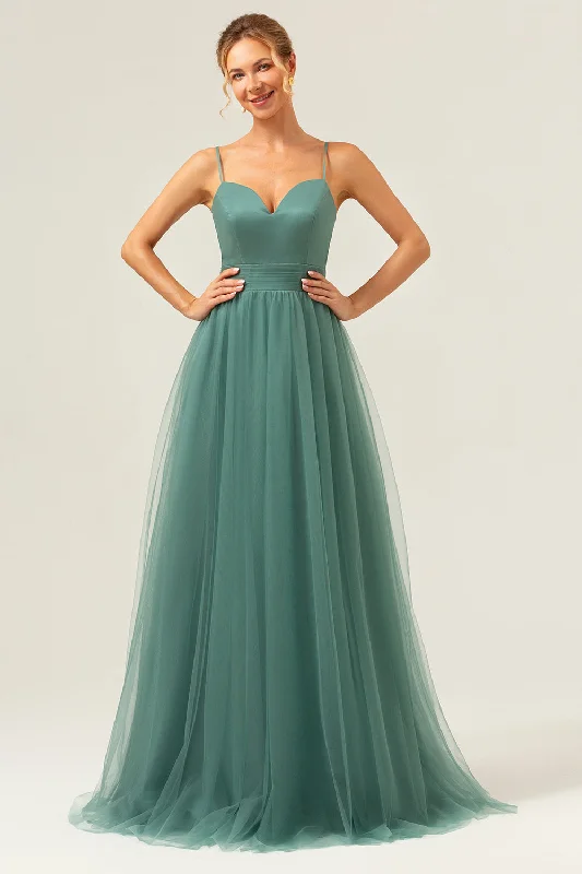 Beach Dresses for Coastal -Eucalyptus Spaghetti Straps Tulle A-Line Long Bridesmaid Dress