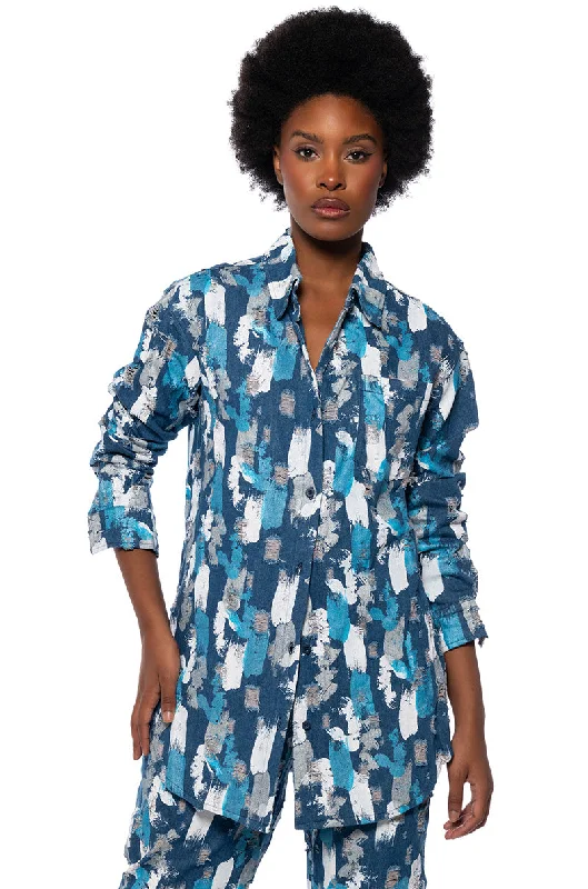 Blouses for Maternity Wear -PAINTED BLUE BUTTON DOWN COLLARED SHIRT