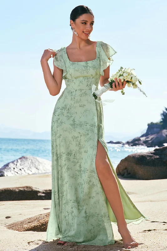 Casual Dresses for Everyday -Dusty Sage A Line Printed Floral Long Bridesmaid Dress with Slit