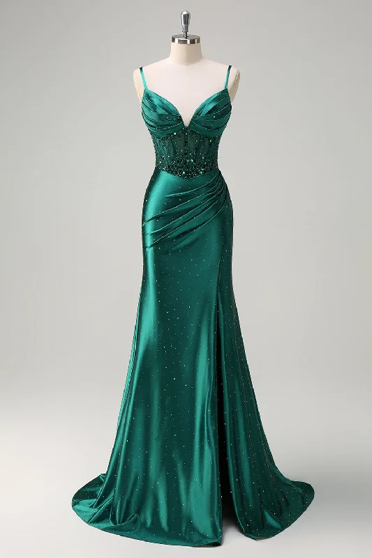 Printed Dresses with Patterns -Sparkly Dark Green Mermaid Spaghetti Straps Corset Beaded Prom Dress with Slit