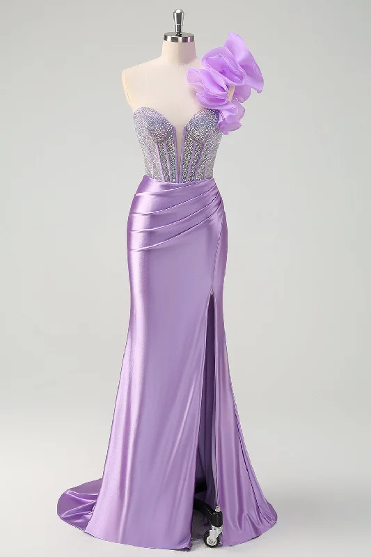 Work Dresses for Professional -Sparkly Lilac Mermaid Beaded Corset One Shoulder Long Prom Dress with Slit