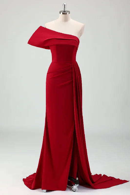 Buttoned Dresses for Stylish -Red Mermaid One Shoulder Pleats Satin Long Prom Dress with Slit