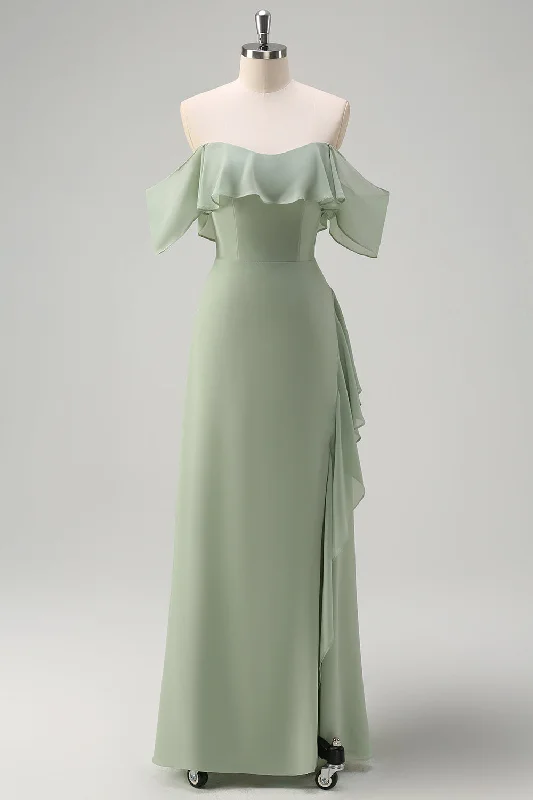 Belted Dresses for Shaping -Light Green Mermaid Off the Shoulder Ruffled Bridesmaid Dress with Slit