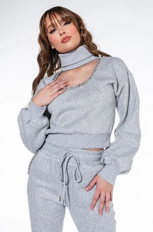 Silk Blouses for Elegant Look -THE RICHEST OF ALL PAVE CHAIN SWEATSHIRT HEATHER GREY