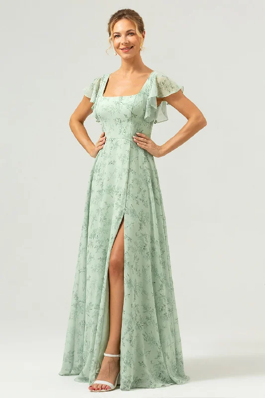 Shift Dresses for Simple Look -Dusty Sage Square Neck Printed Flower Long Bridesmaid Dress with Slit