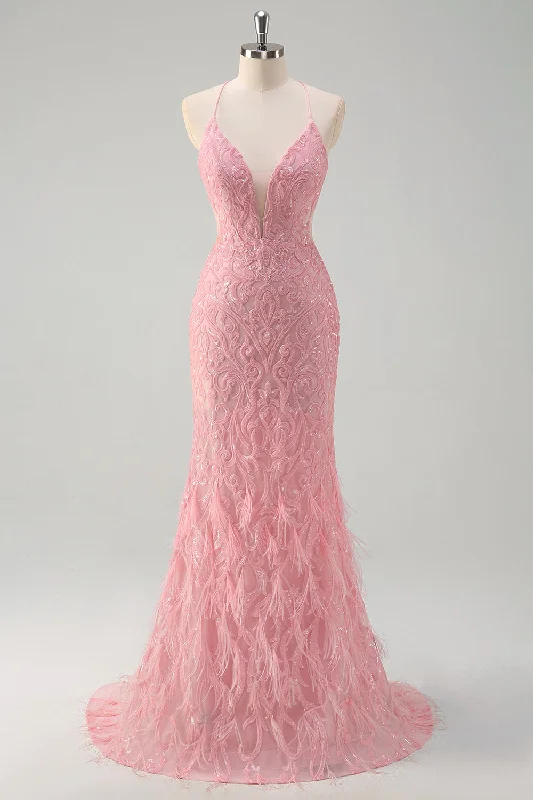 Fashionable Dresses for Style -Sparkly Pink Mermaid Spaghetti Straps Sequin Long Prom Dress with Feathers