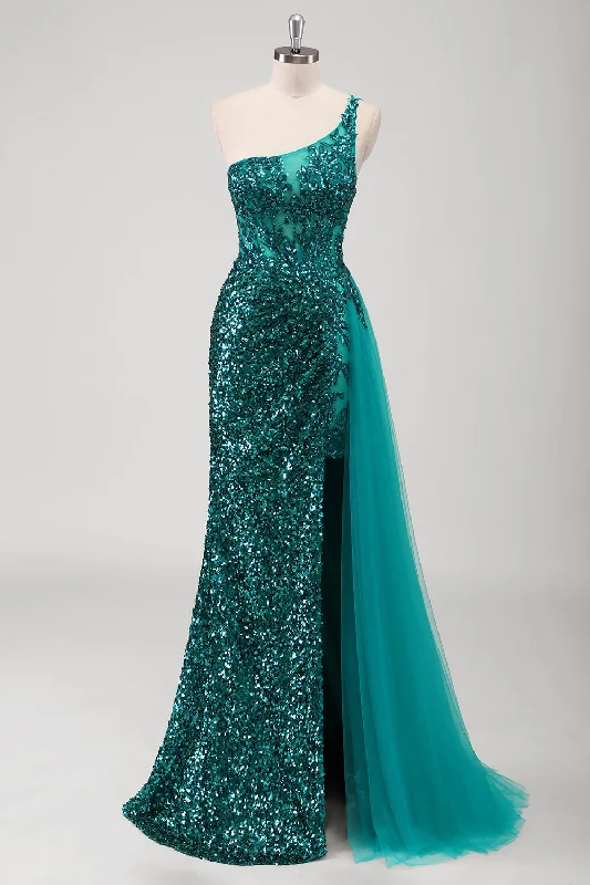 Embroidered Dresses for Detailed -Peacock Green Mermaid One Shoulder Corset Sequins Long Prom Dress with Slit