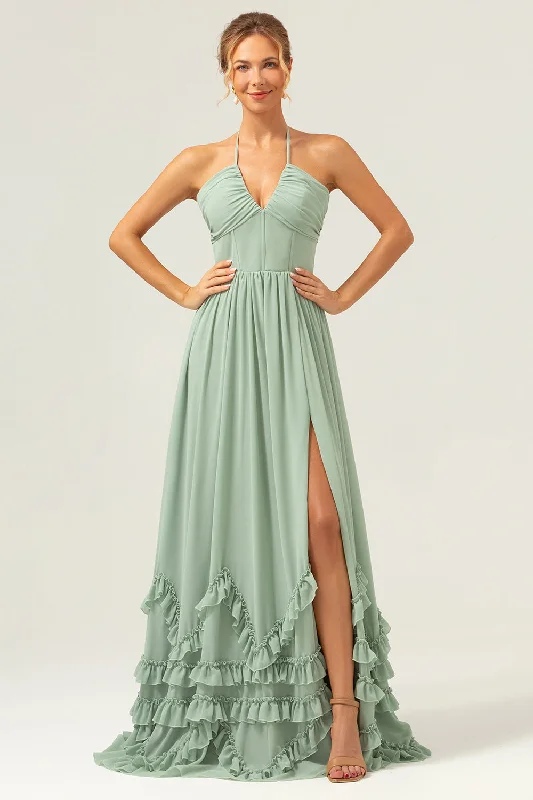 Cotton Dresses for Comfort -Dusty Sage Halter Corset Ruffled Long Bridesmaid Dress with Slit