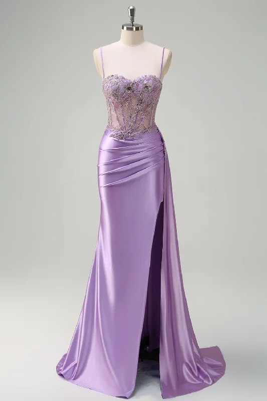 Sequined Dresses for Sparkle -Sparkly Purple Mermaid Watteau Train Sheer Ruched Corset Long Prom Dress with Slit