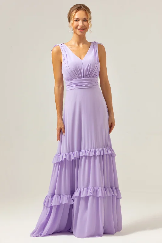 Fashionable Dresses for Style -Lilac Chiffon A-Line Ruched Long Bridesmaid Dress with Ruffles