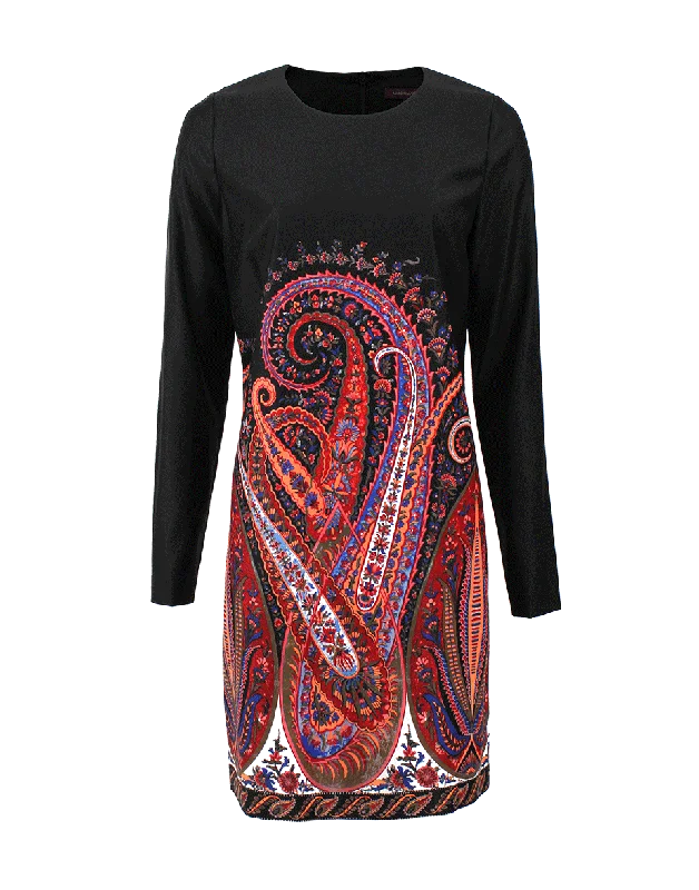 Flared Dresses for Retro -Long Sleeve Paisley Crewneck Dress