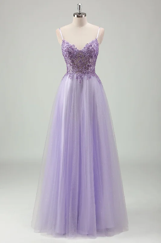 Blue Dresses for Classic -Sparkly Purple A-Line Spaghetti Straps Corset Long Prom Dress with Appliques