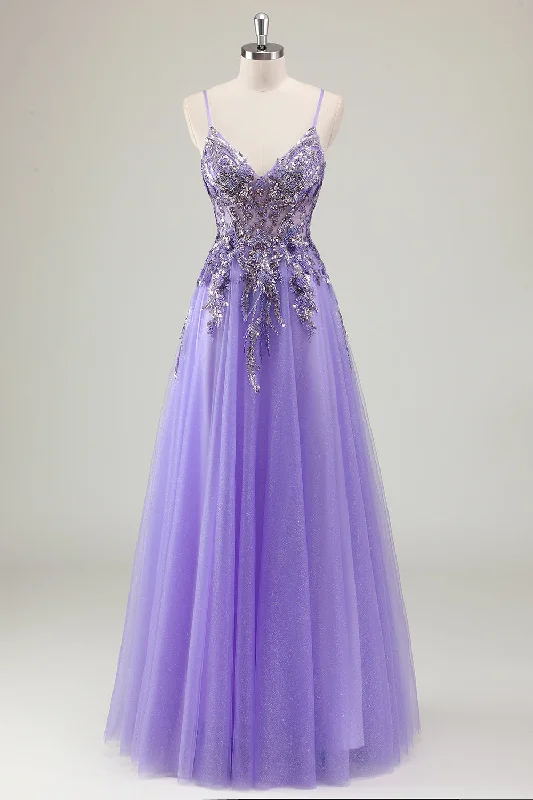 Printed Dresses with Patterns -Purple A Line Spaghetti Straps Sequin Tulle Prom Dress with Appliques