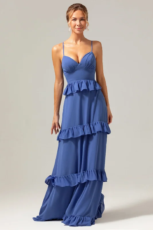 Party Dresses for Celebration -Dark Blue A-Line Spaghetti Straps Tiered Chiffon Long Bridesmaid Dress