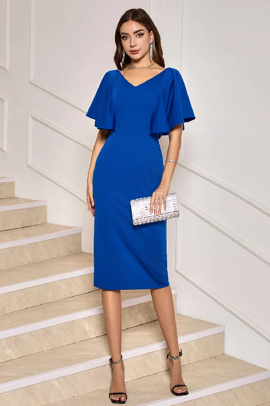 Minimalist Dresses for Simplicity -Royal Blue Bodycon V Neck Midi Mother of Bride Dress with Short Sleeves