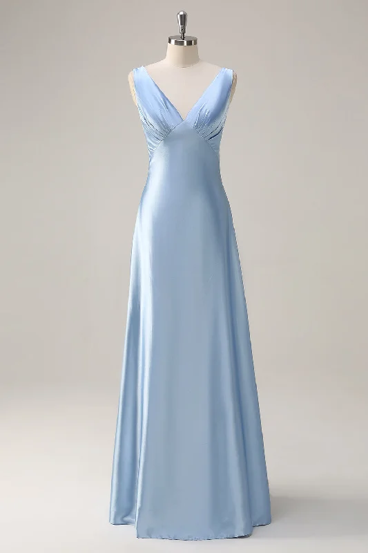 Gothic Dresses with Dark Tone -Sky Blue A Line V Neck Open Back Satin Long Bridesmaid Dress