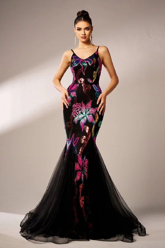 Black Dresses for Versatile -Sparkly Floral Black Mermaid Spaghetti Straps Tulle Prom Dress