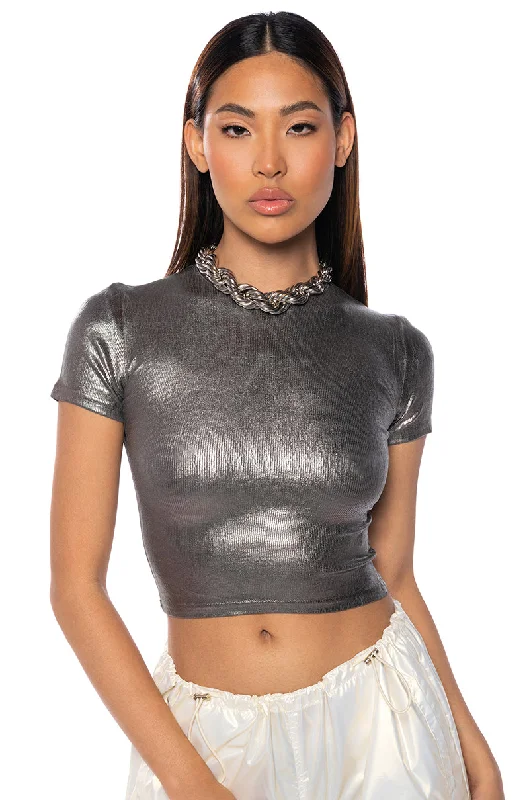 Gothic Blouses with Dark Tone -ARIES METALLIC RIB SHORT SLEEVE T SHIRT IN GREY