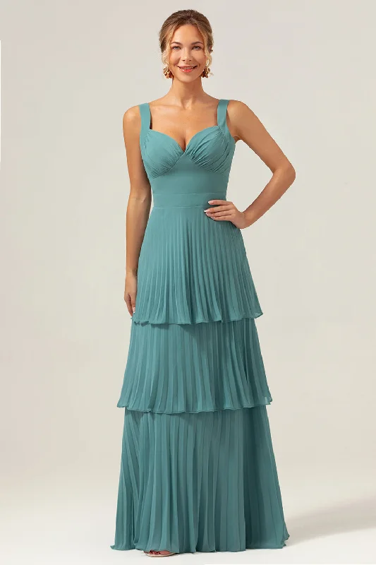 Work Dresses for Professional -Eucalyptus A-Line Spaghetti Straps Chiffon Pleated Tiered Bridesmaid Dress