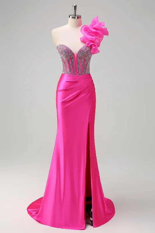 Wedding Dresses for Bridal Look -Sparkly Fuchsia Mermaid One Shoulder Removable Ruffles Long Prom Dress with Slit