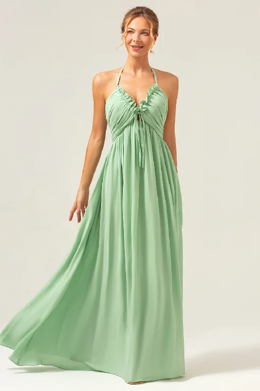 Capri Dresses for Playful -Light Green A Line Halter Backless Long Bridesmaid Dress with Lace Up Back