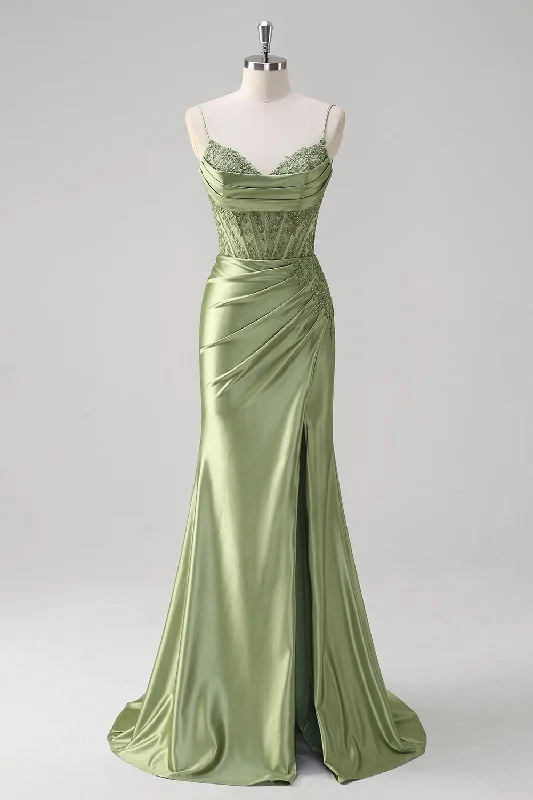 Faux Leather Dresses for Affordable -Green Mermaid Spaghetti Straps Pleated Corset Prom Dress