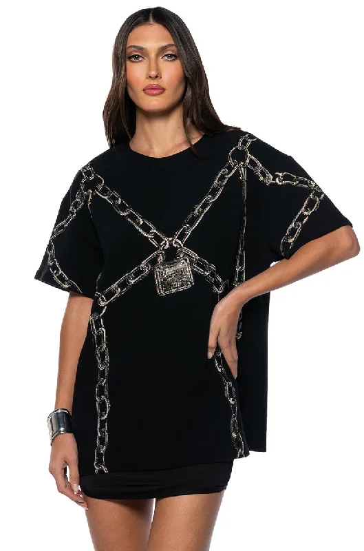 Ethnic Blouses with Tribal Design -CHAIN DETAIL OVERSIZED TSHIRT IN BLACK