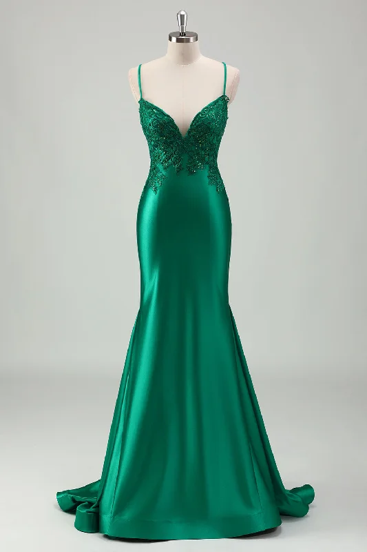 Polyester Dresses for Durable -Sparkly Green Mermaid Spaghetti Straps Satin Long Prom Dress with Appliques